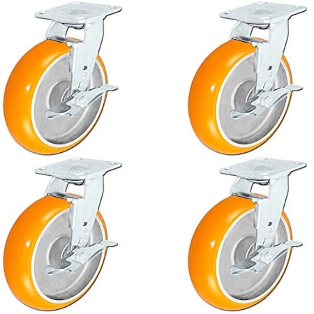 Casterhq 8"x2" Non-Marking Orange Tread Polyurethane Casters, 4 Swi 8IOCP4